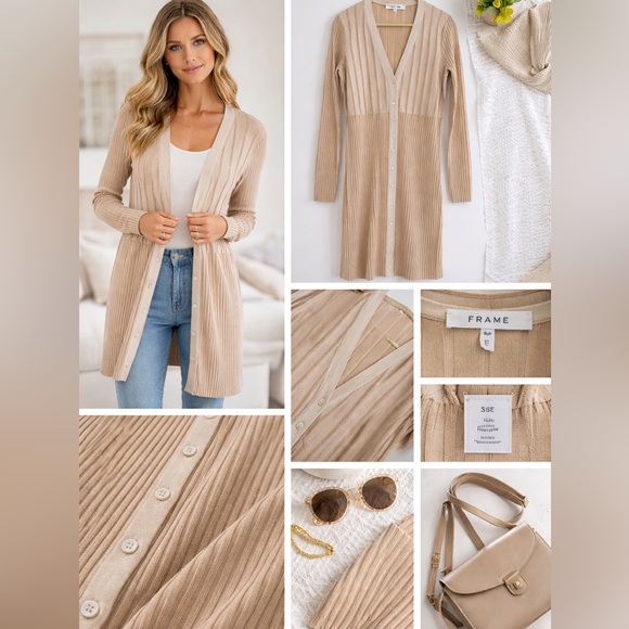 Frame Dresses & Skirts - FRAME Beige Ribbed Button-Front Cardigan Dress Long Sleeve Midi Dress SM nwot